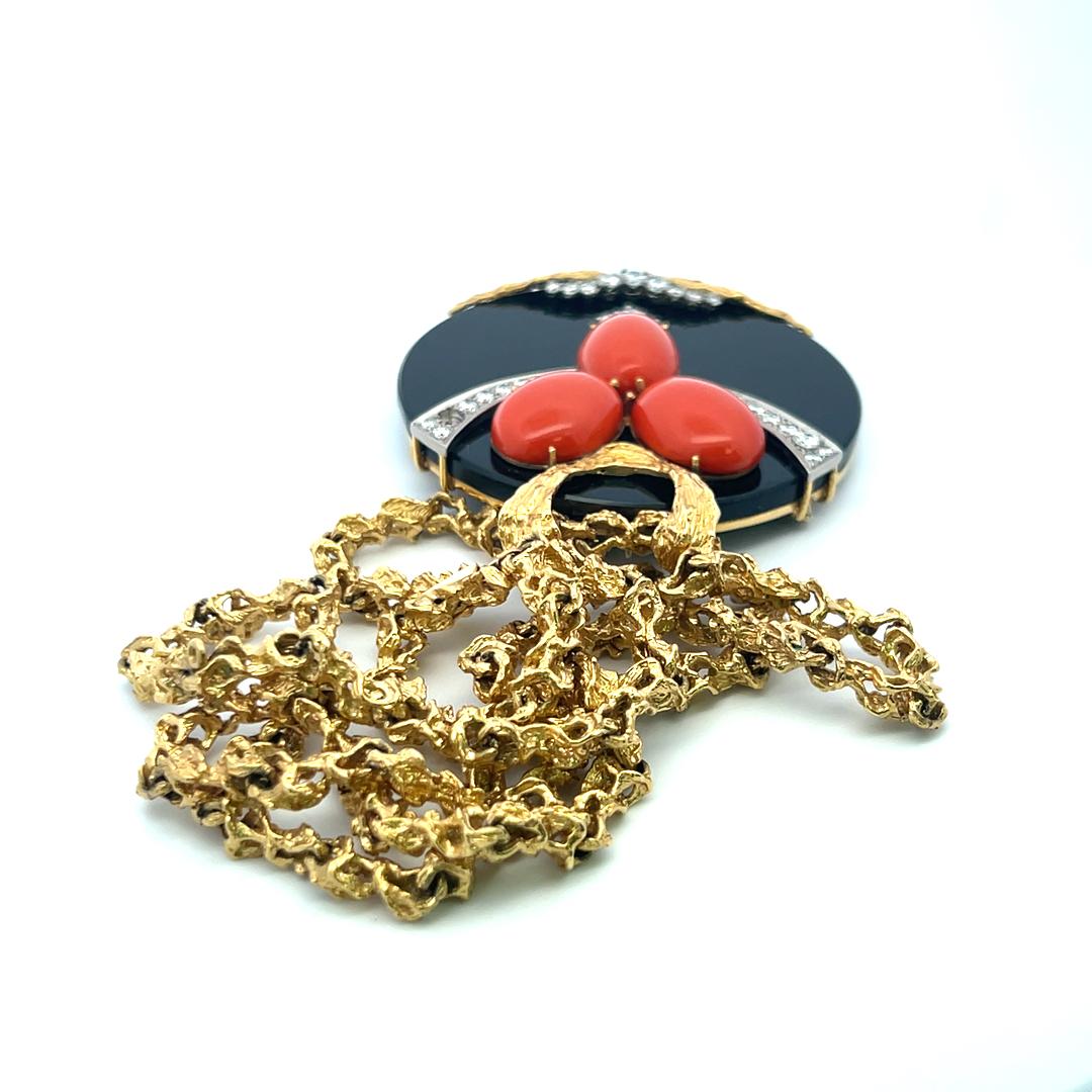2.00 Carat Round Brilliant Diamond 18.4MM Coral and Onyx 18K YG Pendant Necklace