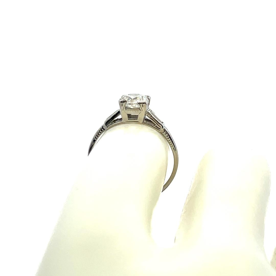 1.14 Carat Old European Cut and Baguette Diamond Platinum Engagement Ring