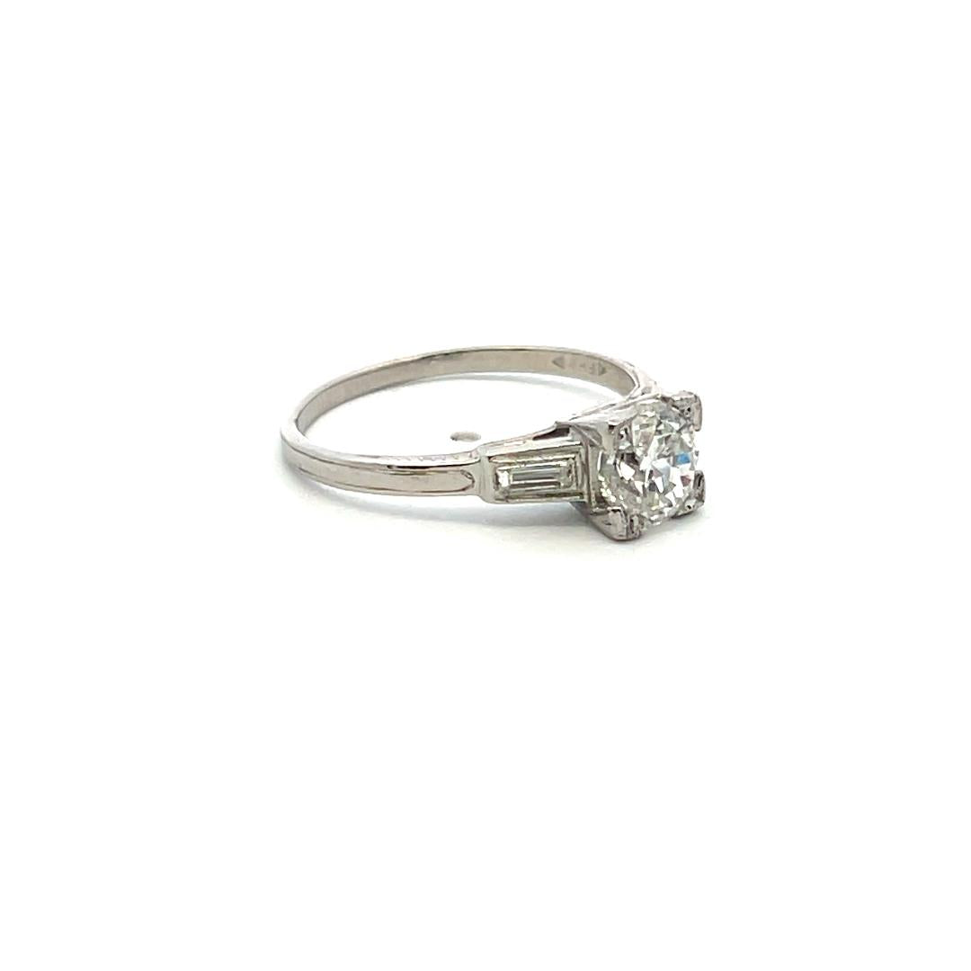 1.14 Carat Old European Cut and Baguette Diamond Platinum Engagement Ring