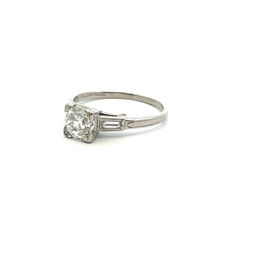 1.14 Carat Old European Cut and Baguette Diamond Platinum Engagement Ring