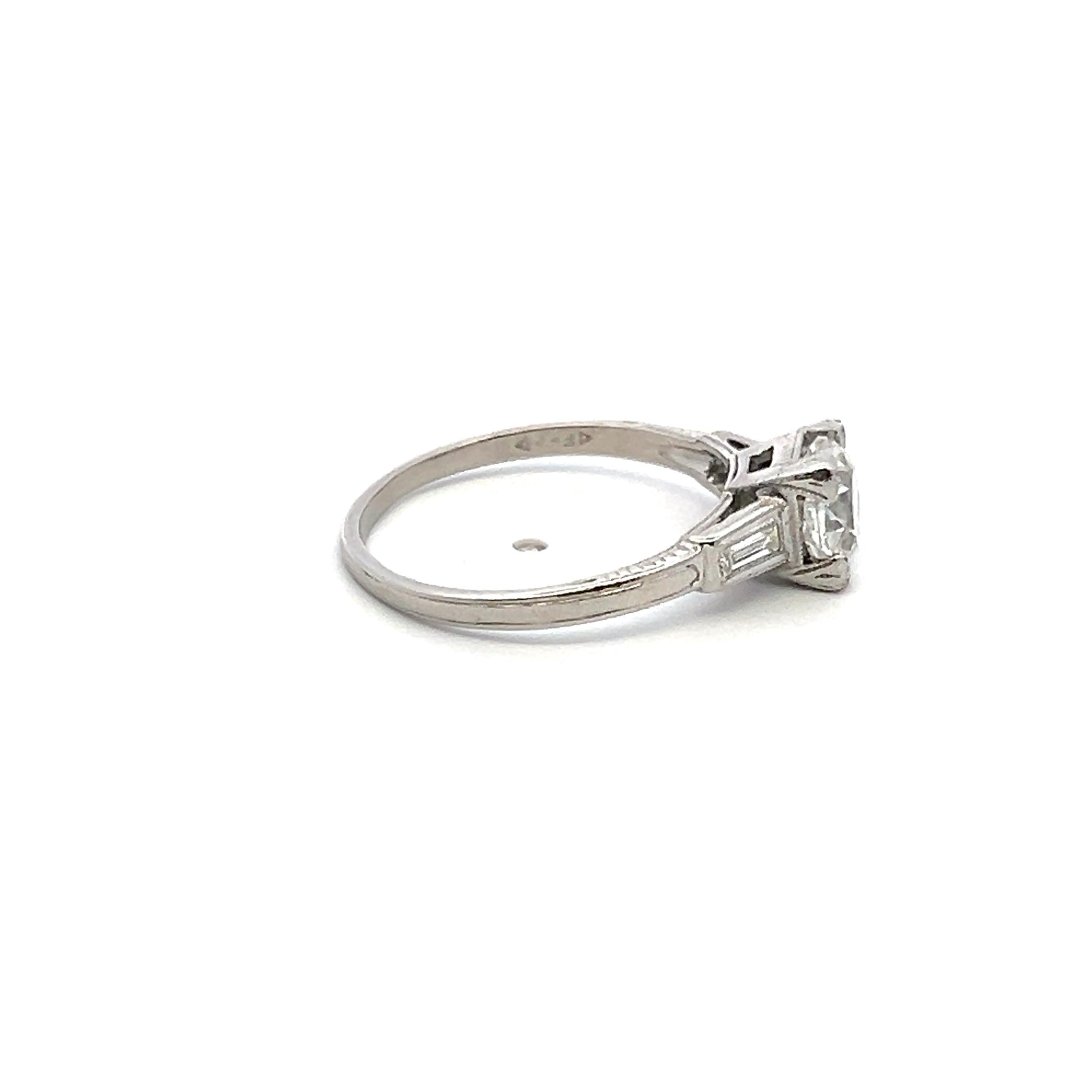 1.14 Carat Old European Cut and Baguette Diamond Platinum Engagement Ring
