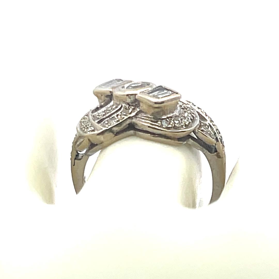 1.00 Carat Old European Cut and Baguette Diamond 14K WG Art Deco Ring