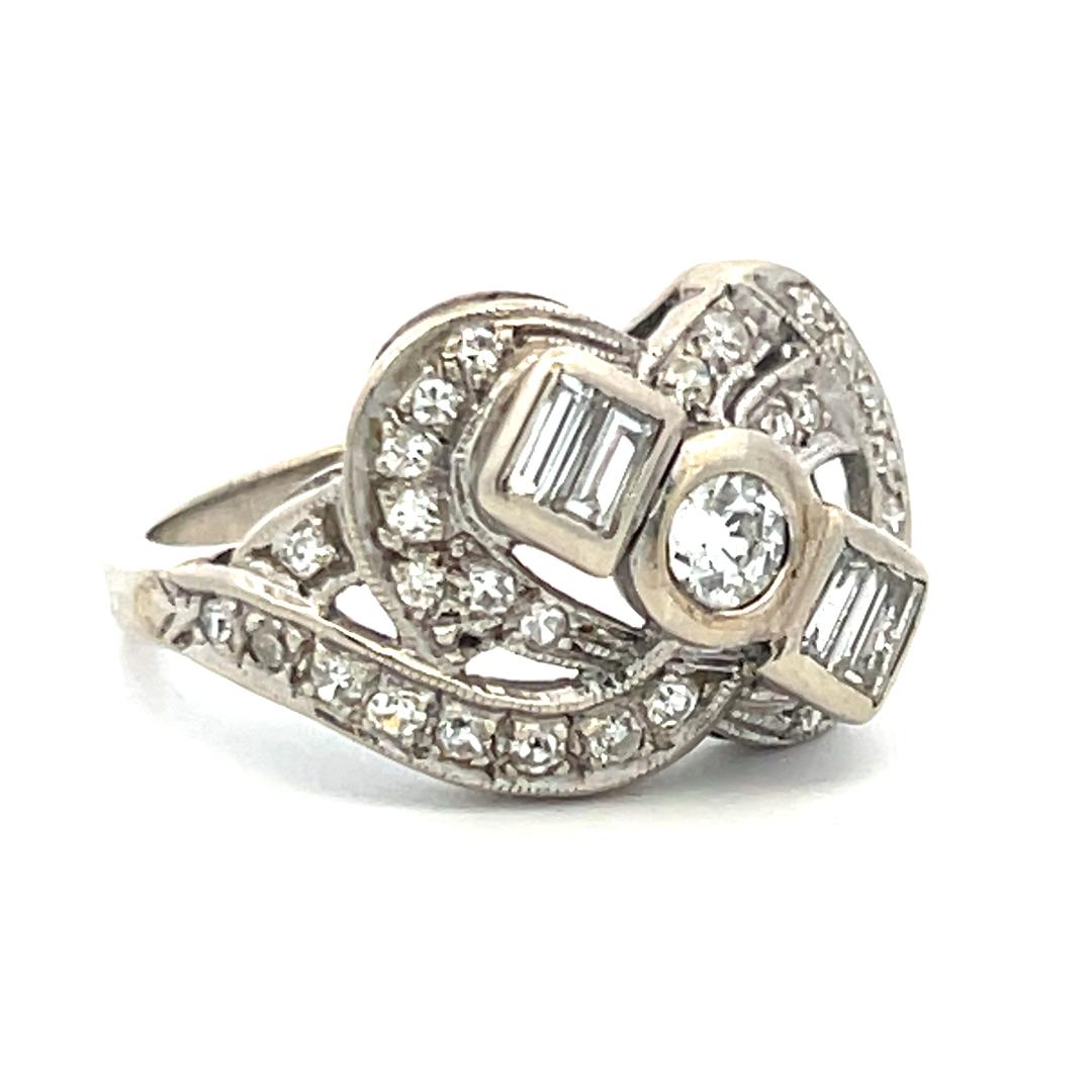 1.00 Carat Old European Cut and Baguette Diamond 14K WG Art Deco Ring
