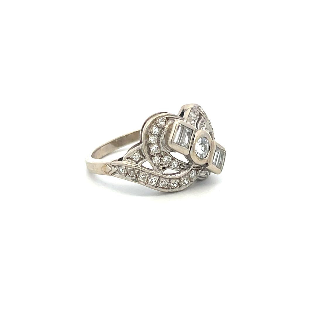 1.00 Carat Old European Cut and Baguette Diamond 14K WG Art Deco Ring