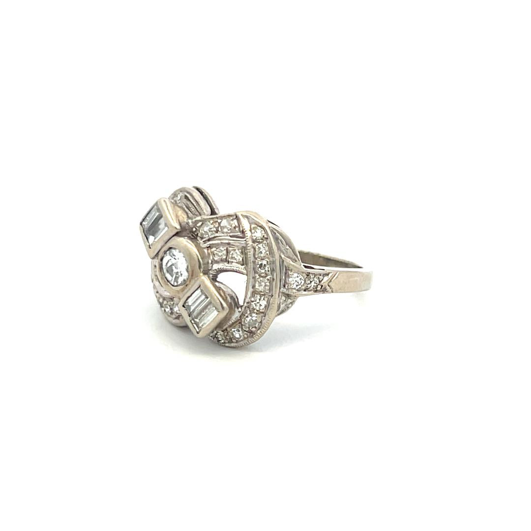 1.00 Carat Old European Cut and Baguette Diamond 14K WG Art Deco Ring
