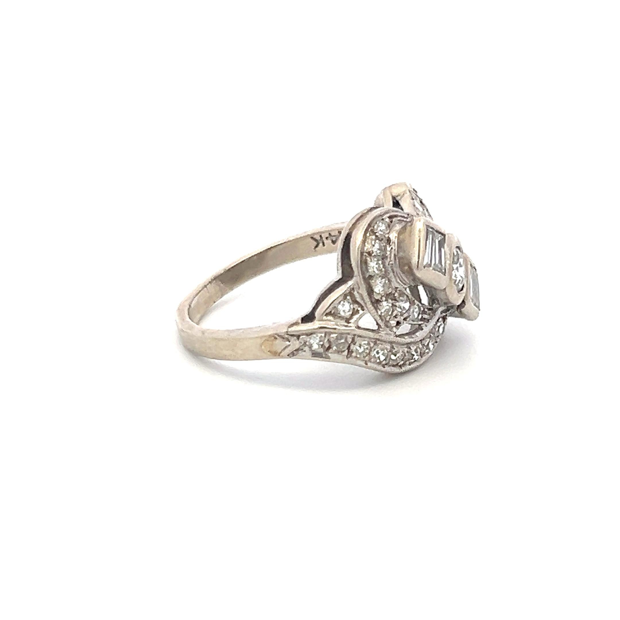 1.00 Carat Old European Cut and Baguette Diamond 14K WG Art Deco Ring