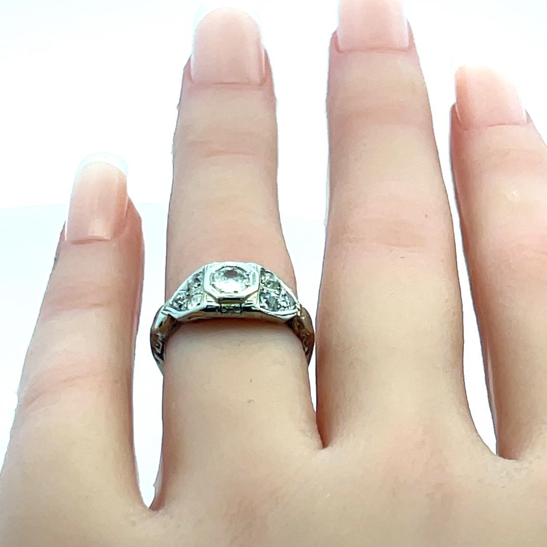 0.78 Carat Old European Cut I-J I1 Diamond 18 Karat White Gold Art Deco Ring