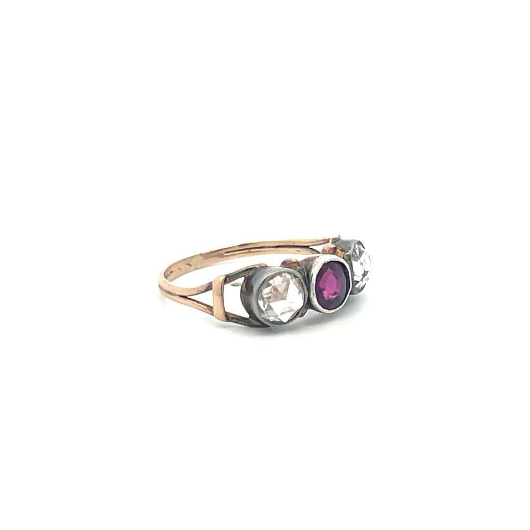 1.30 Carat Rose Cut Diamond 0.70 Carat Amethysts 14K Rose Gold Three-Stone Ring
