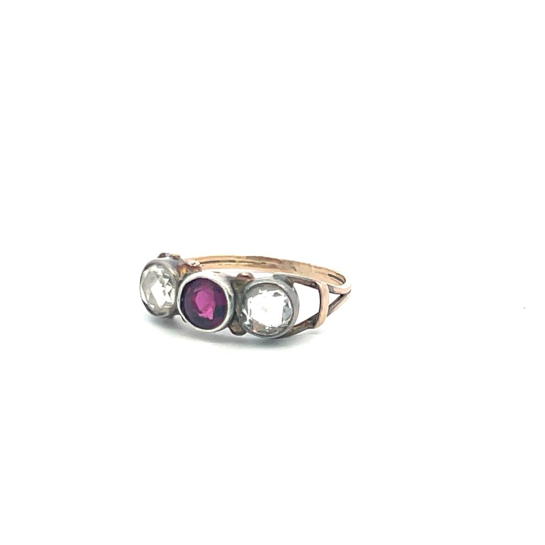 1.30 Carat Rose Cut Diamond 0.70 Carat Amethysts 14K Rose Gold Three-Stone Ring