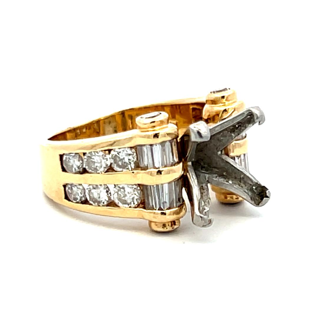 1.52 Carat Round and Baguette Shape Diamond 14K Yellow Gold Semi Mount Ring