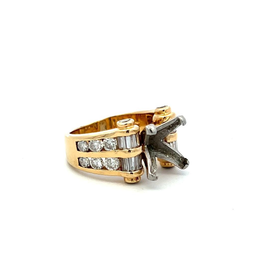 1.52 Carat Round and Baguette Shape Diamond 14K Yellow Gold Semi Mount Ring