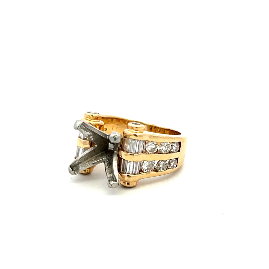 1.52 Carat Round and Baguette Shape Diamond 14K Yellow Gold Semi Mount Ring