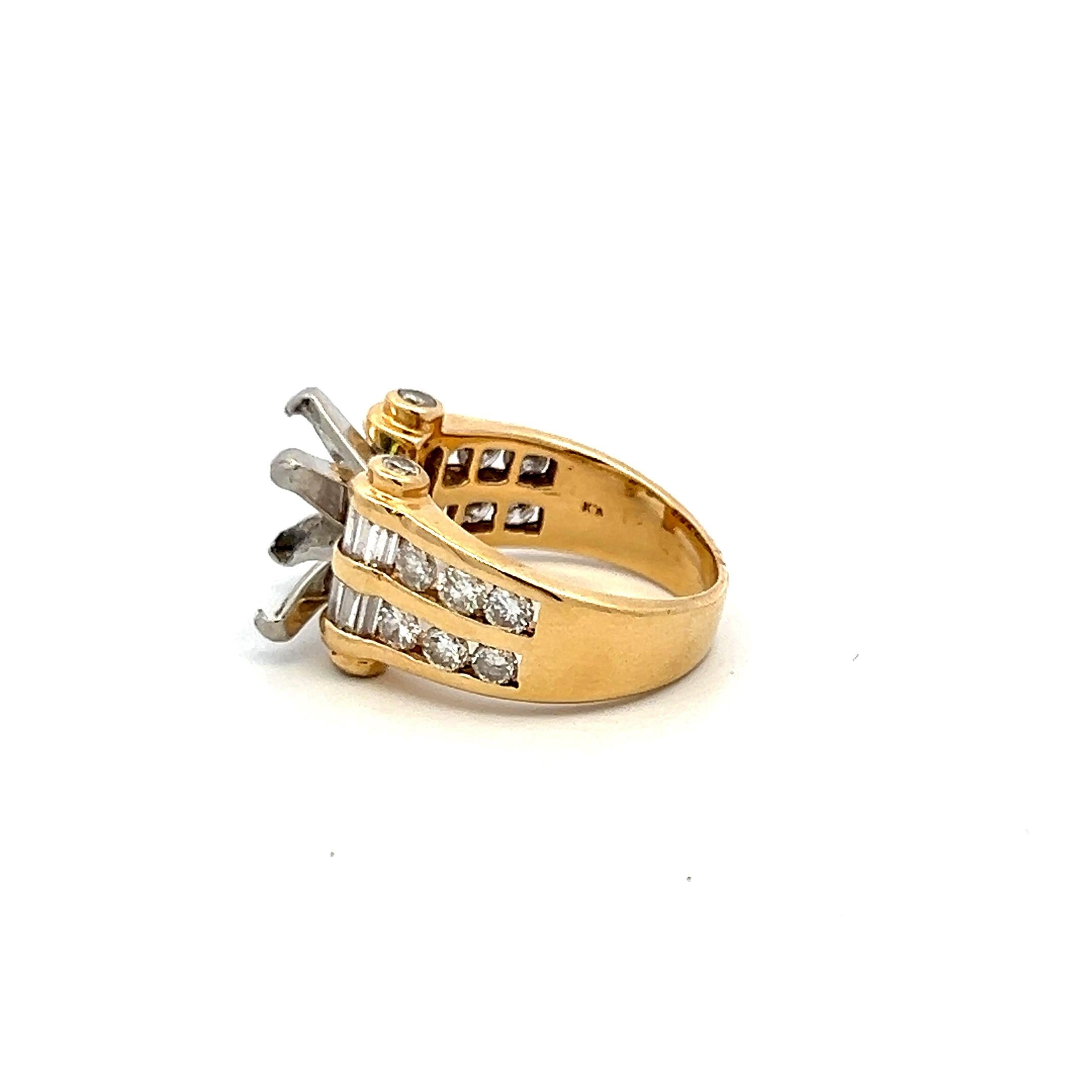1.52 Carat Round and Baguette Shape Diamond 14K Yellow Gold Semi Mount Ring