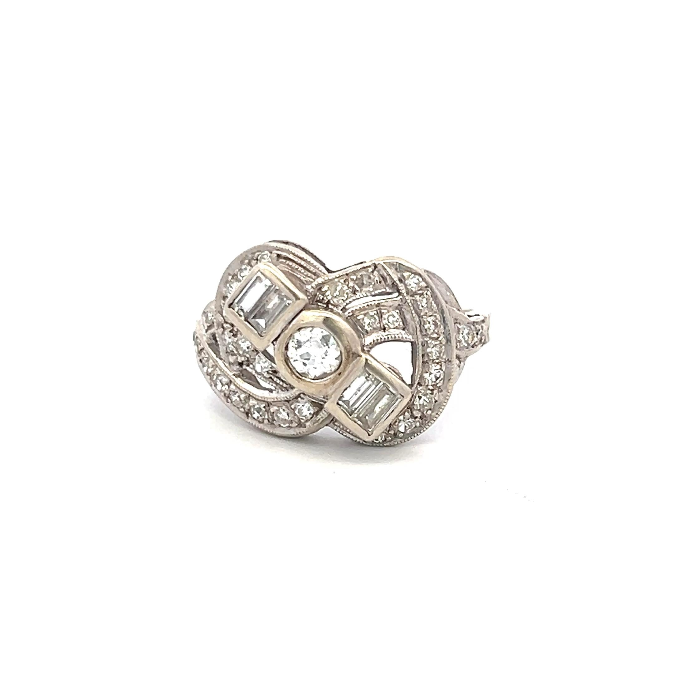 1.00 Carat Old European Cut and Baguette Diamond 14K WG Art Deco Ring