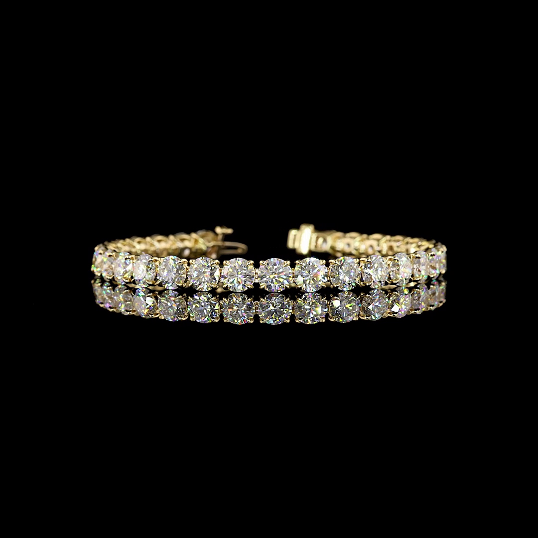 Lab-Grown 21.27 Carat Round D-VS1 Diamond 14K Yellow Gold Tennis Bracelet