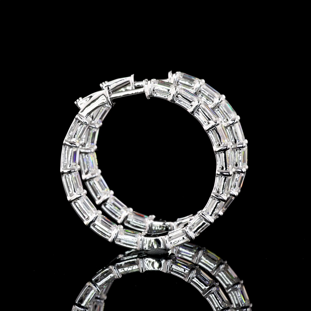 Lab-Grown 7.08 Carat Emerald F-VS1 Diamond 14K White Gold Hoops Earrings