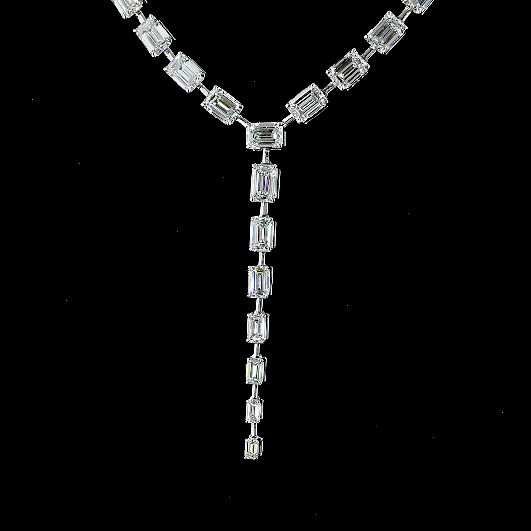 Lab-Grown 25.03 Carat Emerald E-VS Diamond 14K White Gold Lariat Necklace
