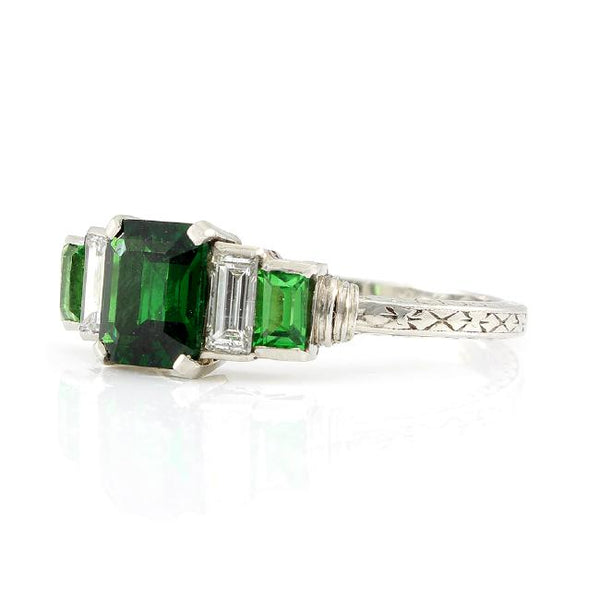 Tiffany and Co 1.60 Carat Emerald Cut Tsavorite Platinum Three-Stone Ring
