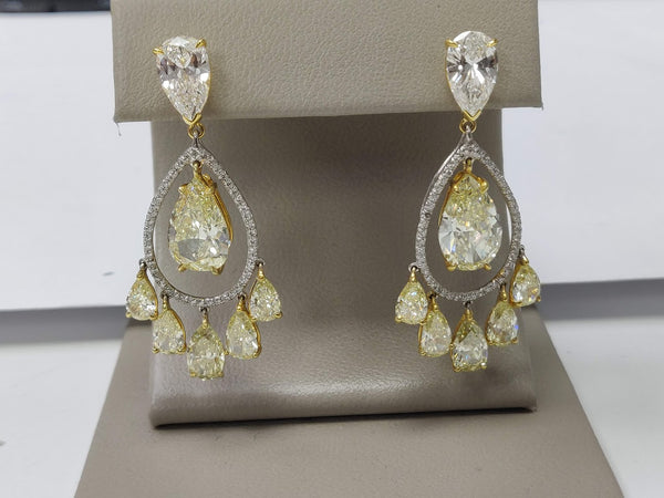 7.82 Carat Pear Shape Intense Fancy Yellow Diamond 18K Two Tone Gold Drop Earrings