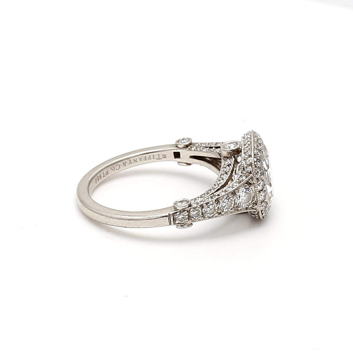 Tiffany & Co 3.54 Carat Cushion Brilliant and Round Diamond Platinum Halo Ring