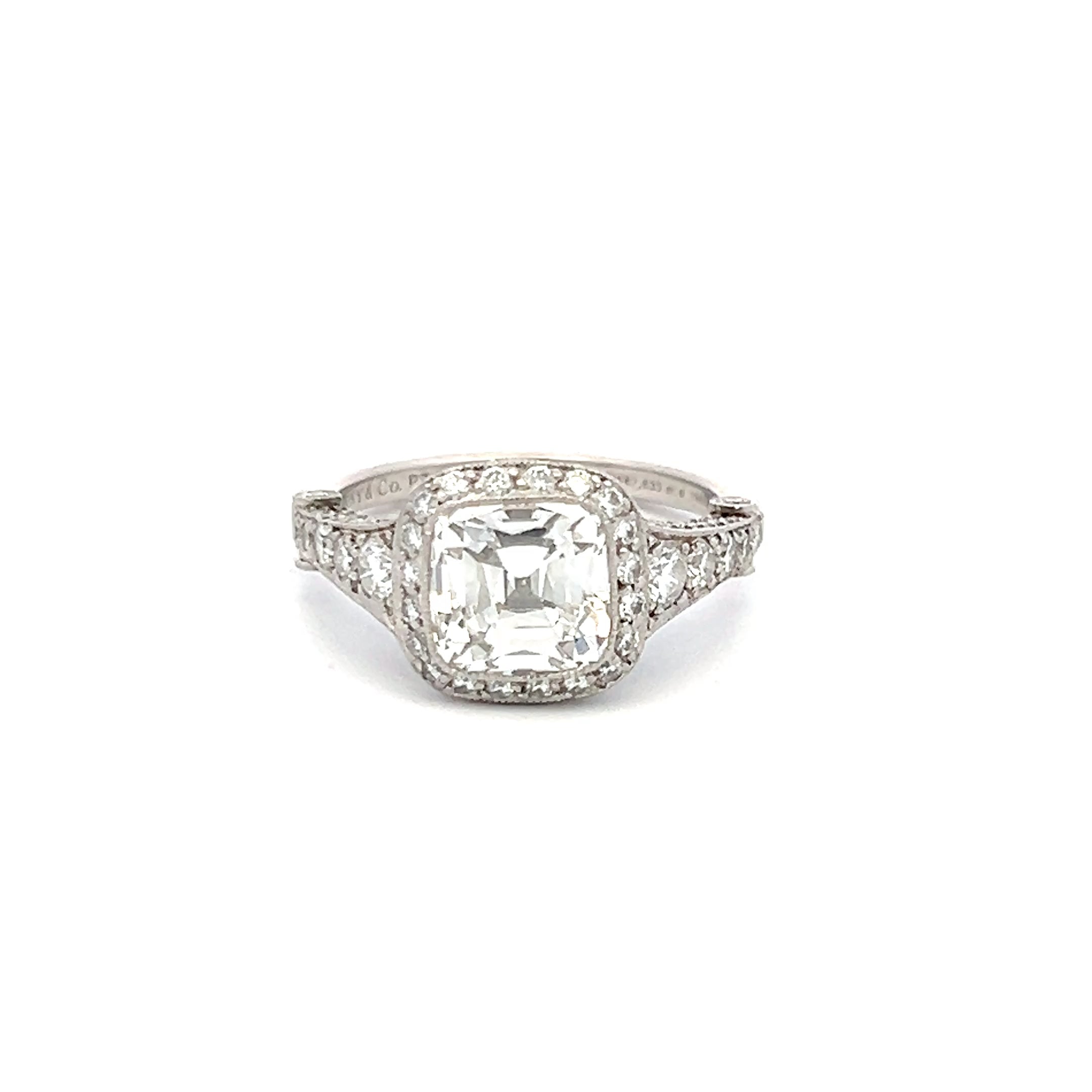 Tiffany & Co 3.54 Carat Cushion Brilliant and Round Diamond Platinum Halo Ring