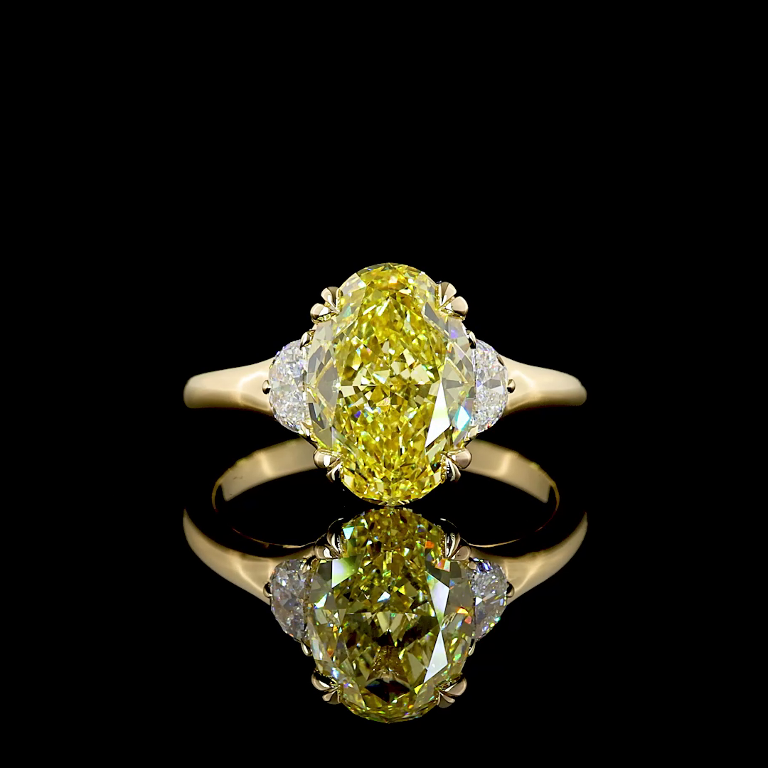 Lab-Grown 3.32 Carat Oval Fancy Intense Yellow-VVS2 Diamond 14K Yellow Gold 3 St