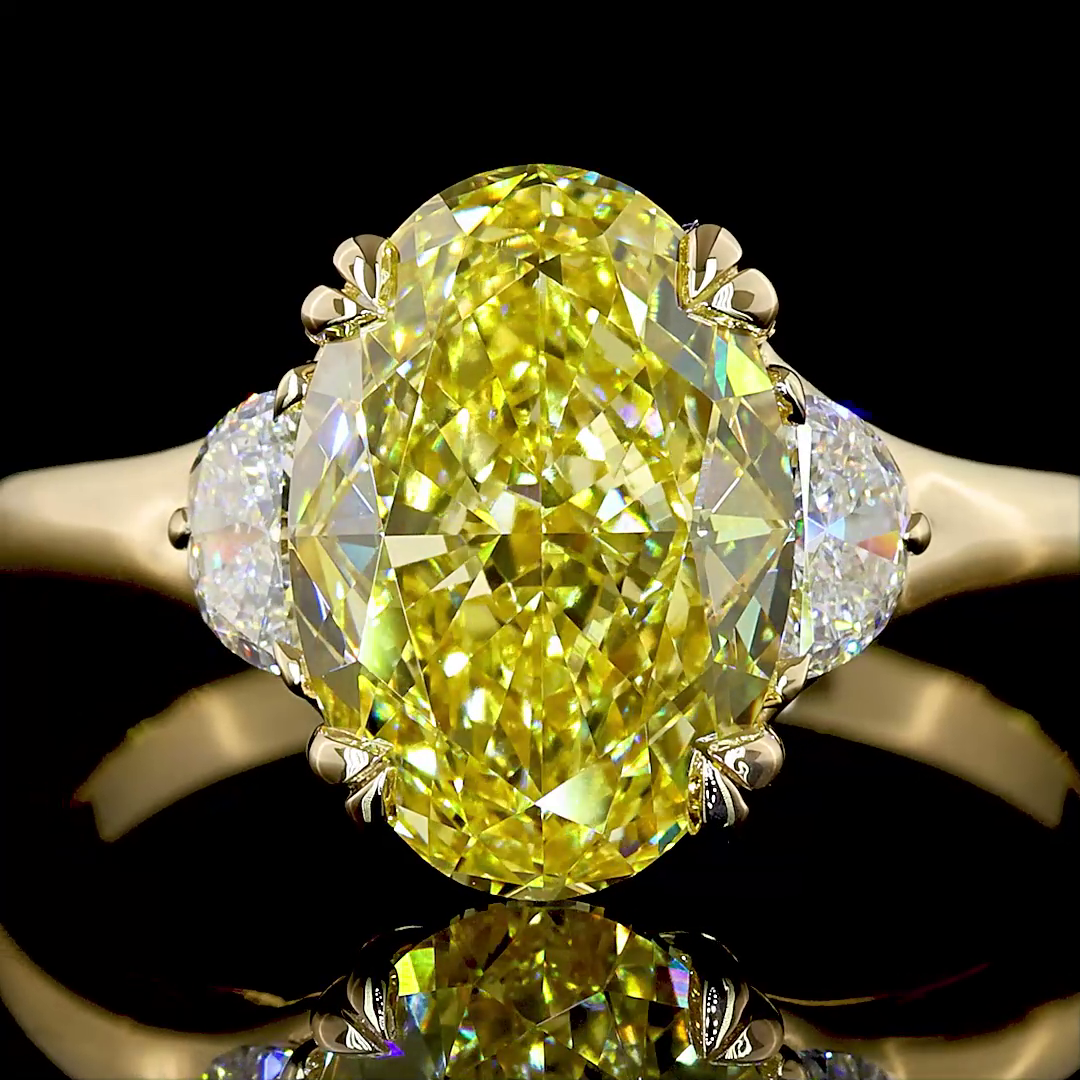 Lab-Grown 3.32 Carat Oval Fancy Intense Yellow-VVS2 Diamond 14K Yellow Gold 3 St