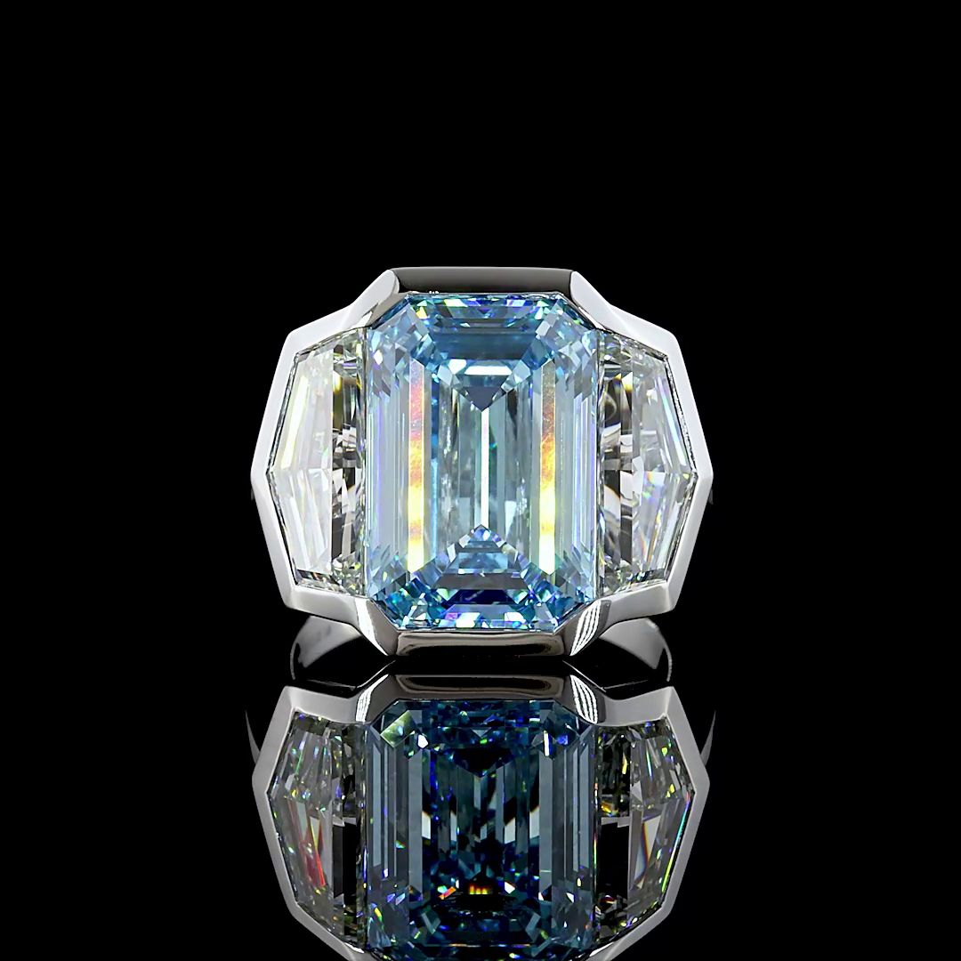 Lab-Grown 12.79 Carat Emerald Fancy Vivid Blue-VS1 Diamond 14K White Gold 3 Ston