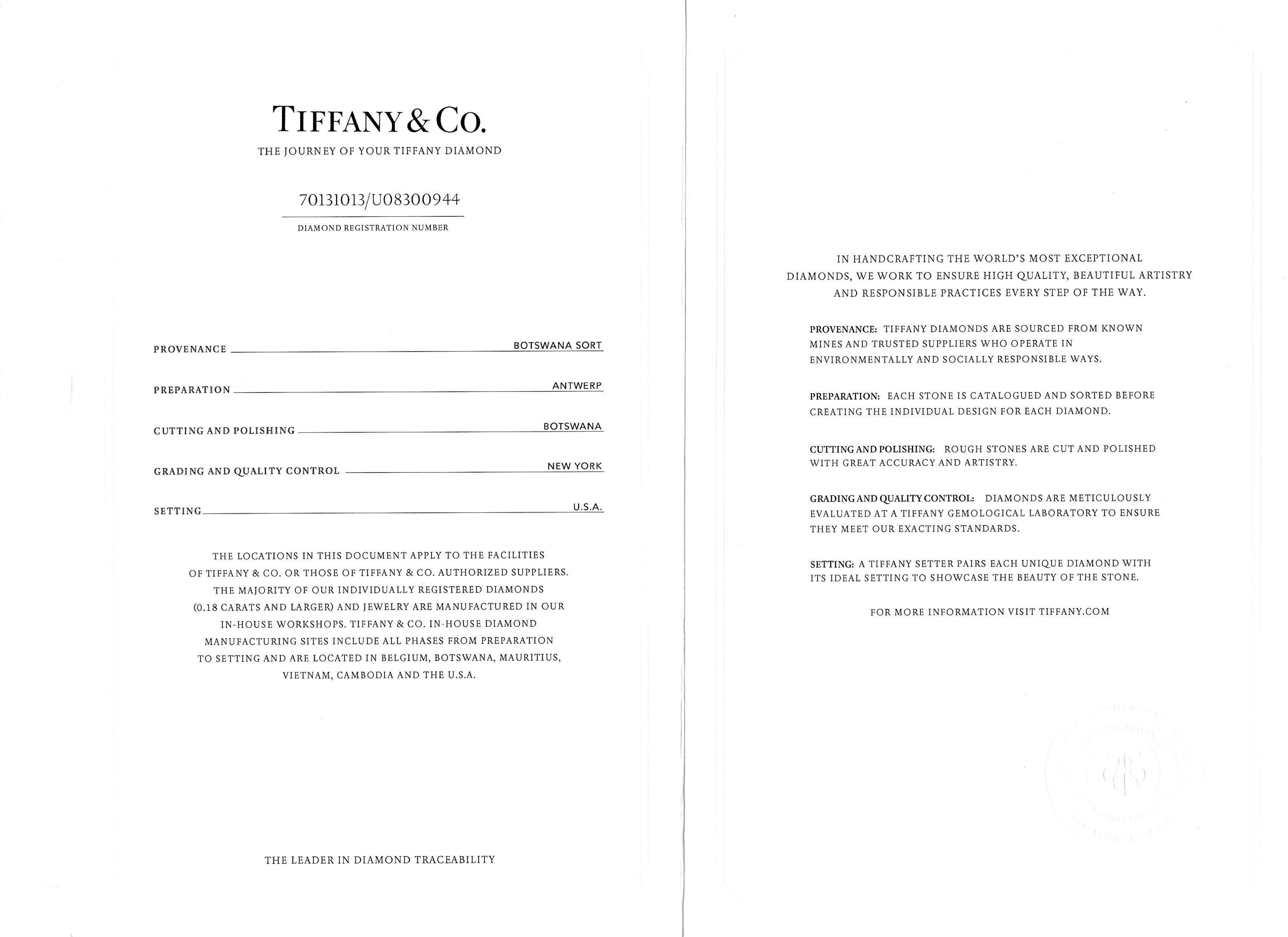 Tiffany & Co 1.08 Carat Round Brilliant G SI1 Diamond Platinum Engagement Ring