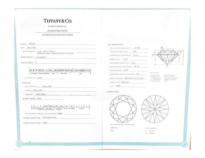 Tiffany and Co 1.03 Carat Diamond Platinum Engagement Ring
