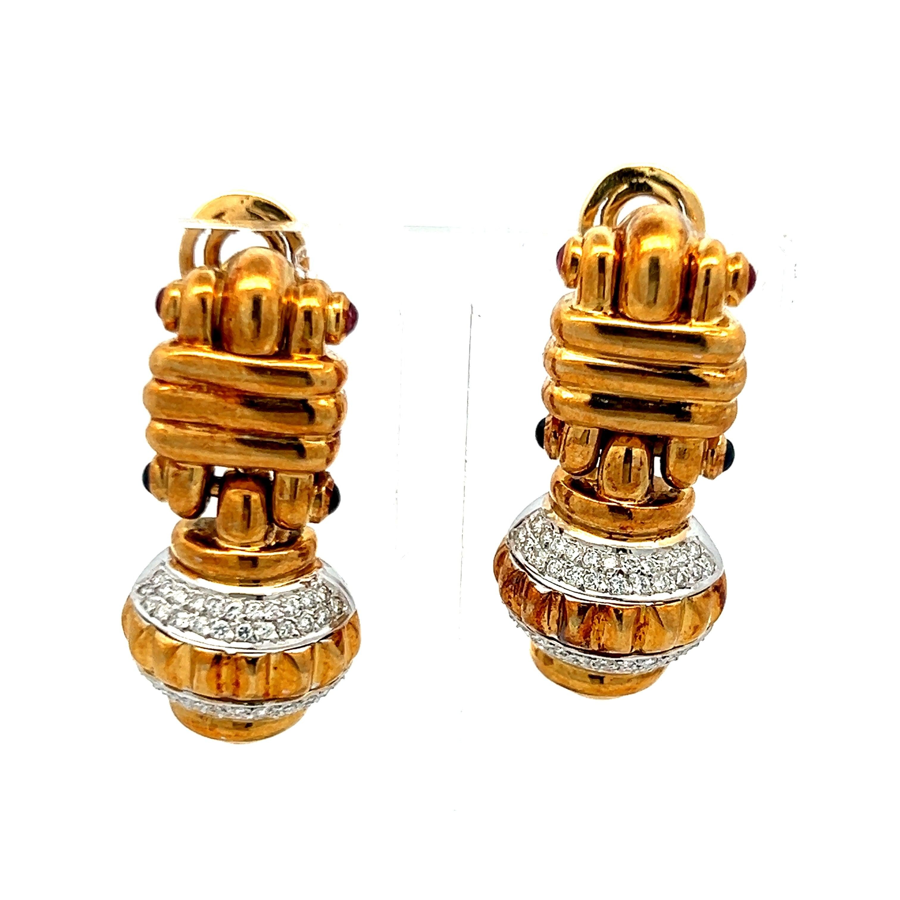 0.23 Carat Diamond 0.12 Carat Ruby 0.12 Carat Sapphire 18K Gold Clip On Earrings