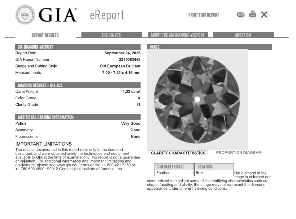 Collector Gem 1.32 Carat Old European Cut Diamond K-I1 with GIA Certificate