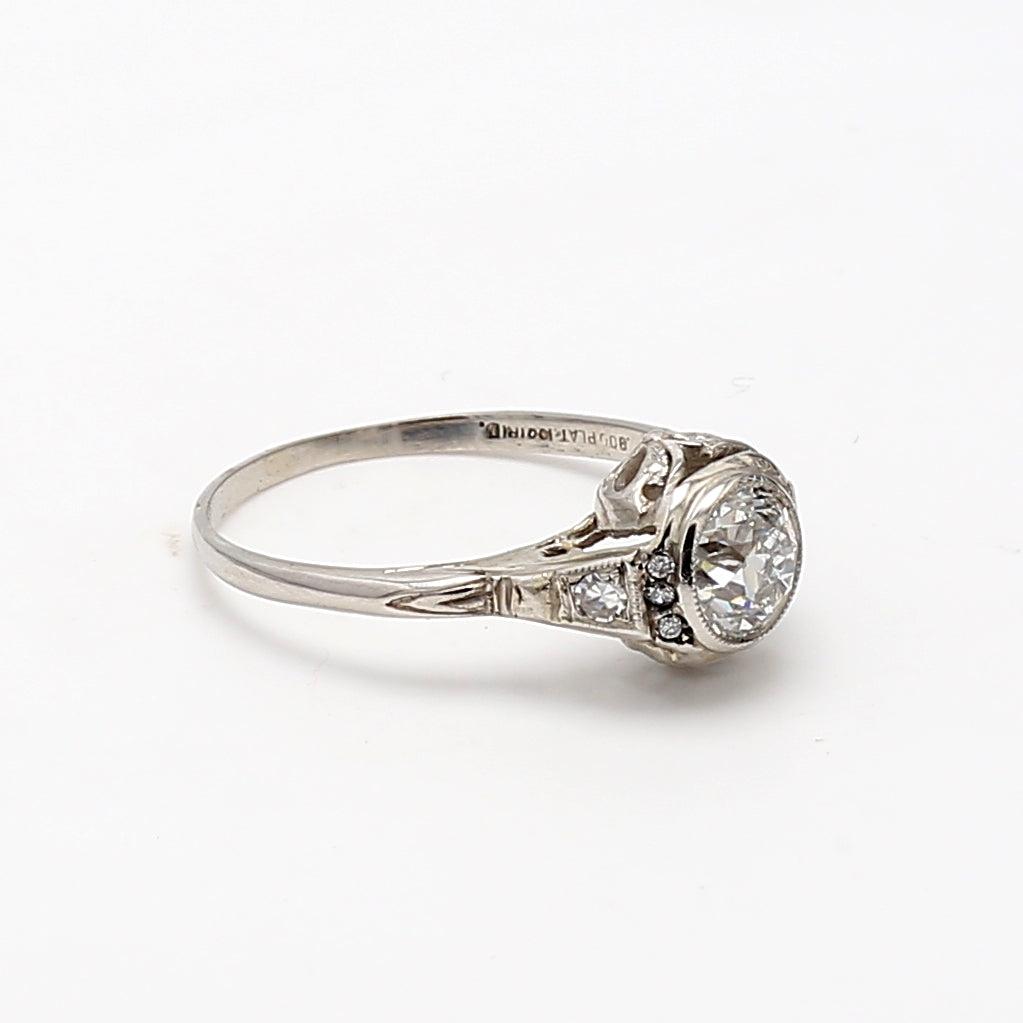 0.82 Carat Old European Cut G VS1 Diamond Platinum Art Deco Ring