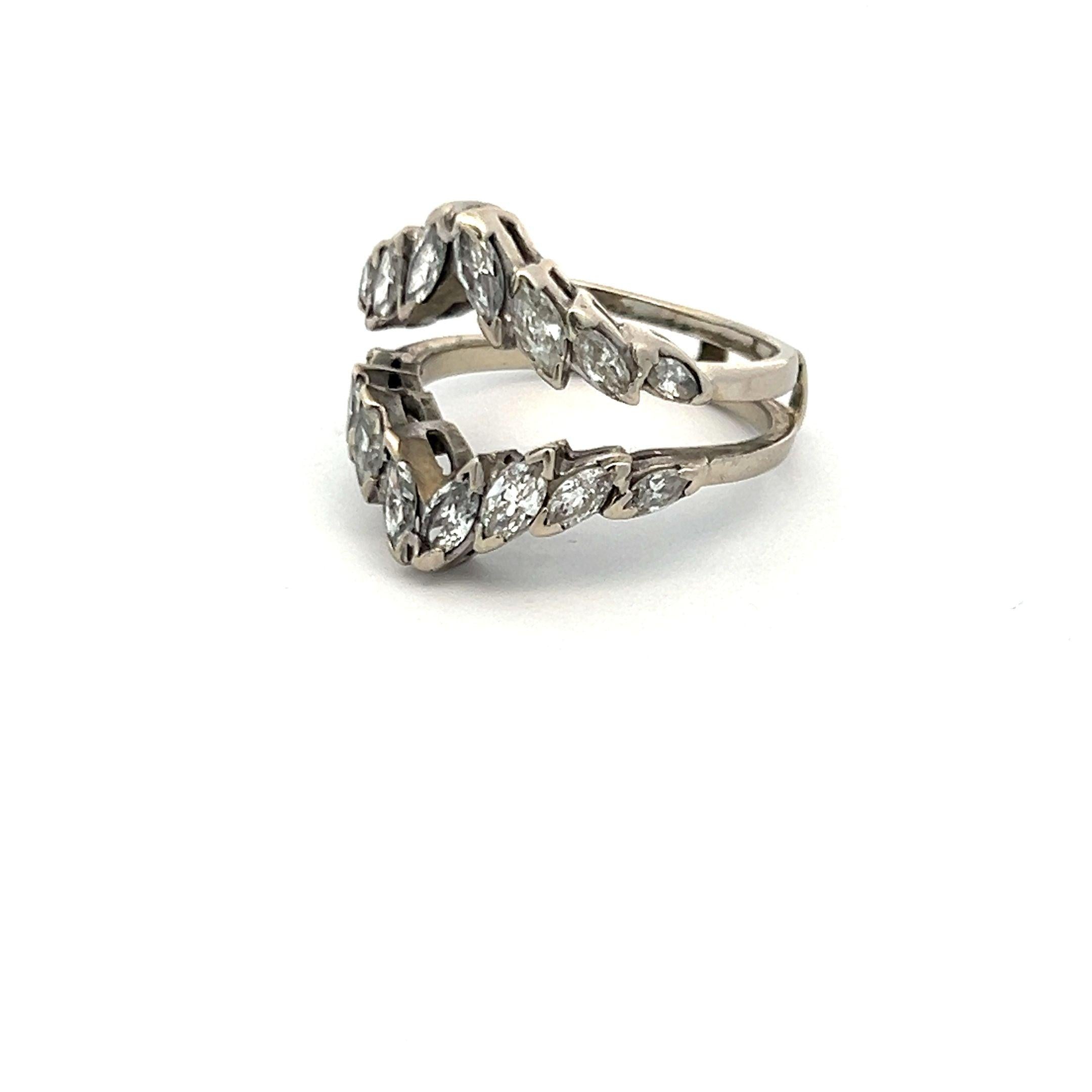 1.00 Carat Marquis Shape H I1 Diamond 14 Karat White Gold Ring Guard Ring