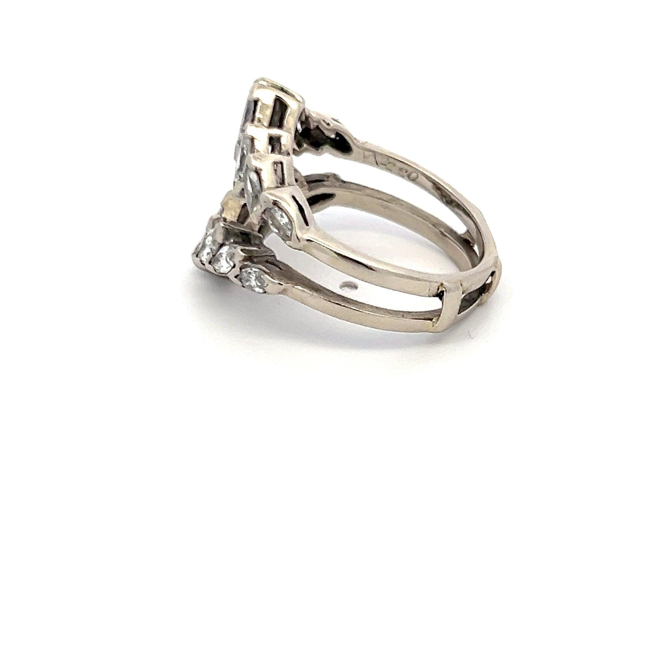 1.00 Carat Marquis Shape H I1 Diamond 14 Karat White Gold Ring Guard Ring