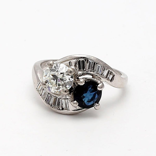 1.10 Carat Circular Brilliant Cut J SI1 Diamond and Sapphire Platinum Two-Stone