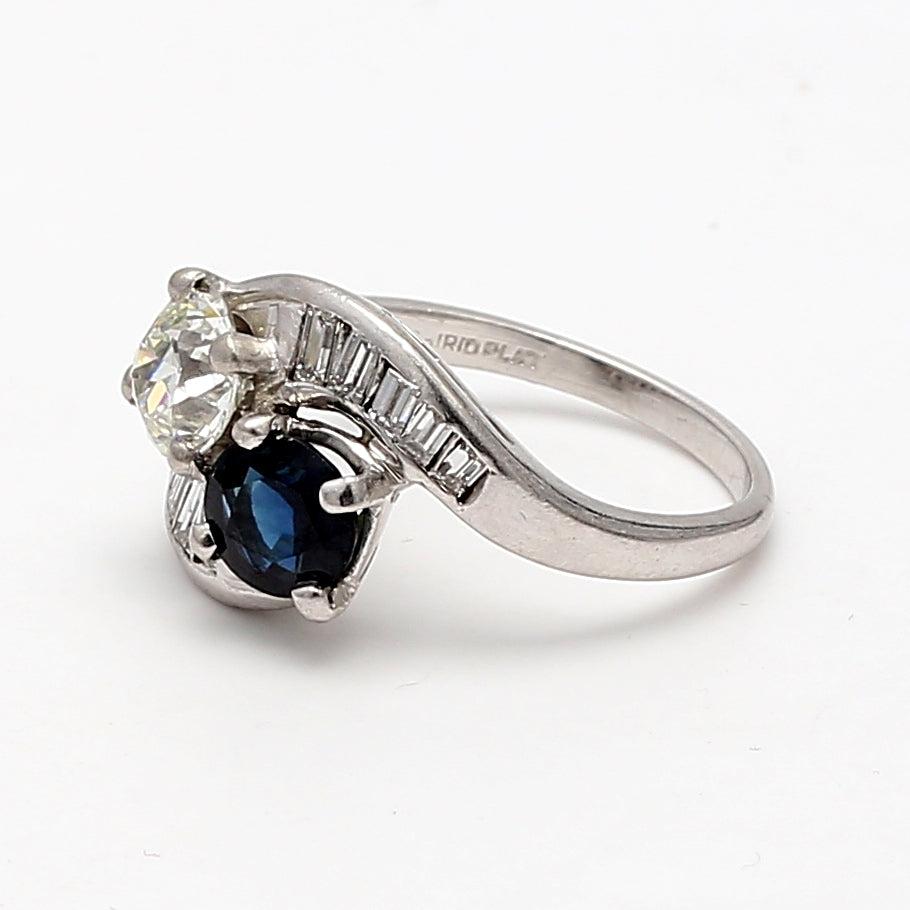 1.10 Carat Circular Brilliant Cut J SI1 Diamond and Sapphire Platinum Two-Stone