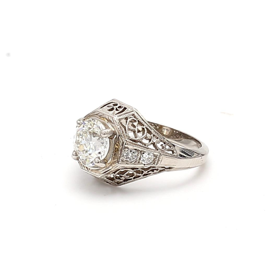 1.14 Carat Old European Cut I SI2 Diamond Platinum Art Deco Ring