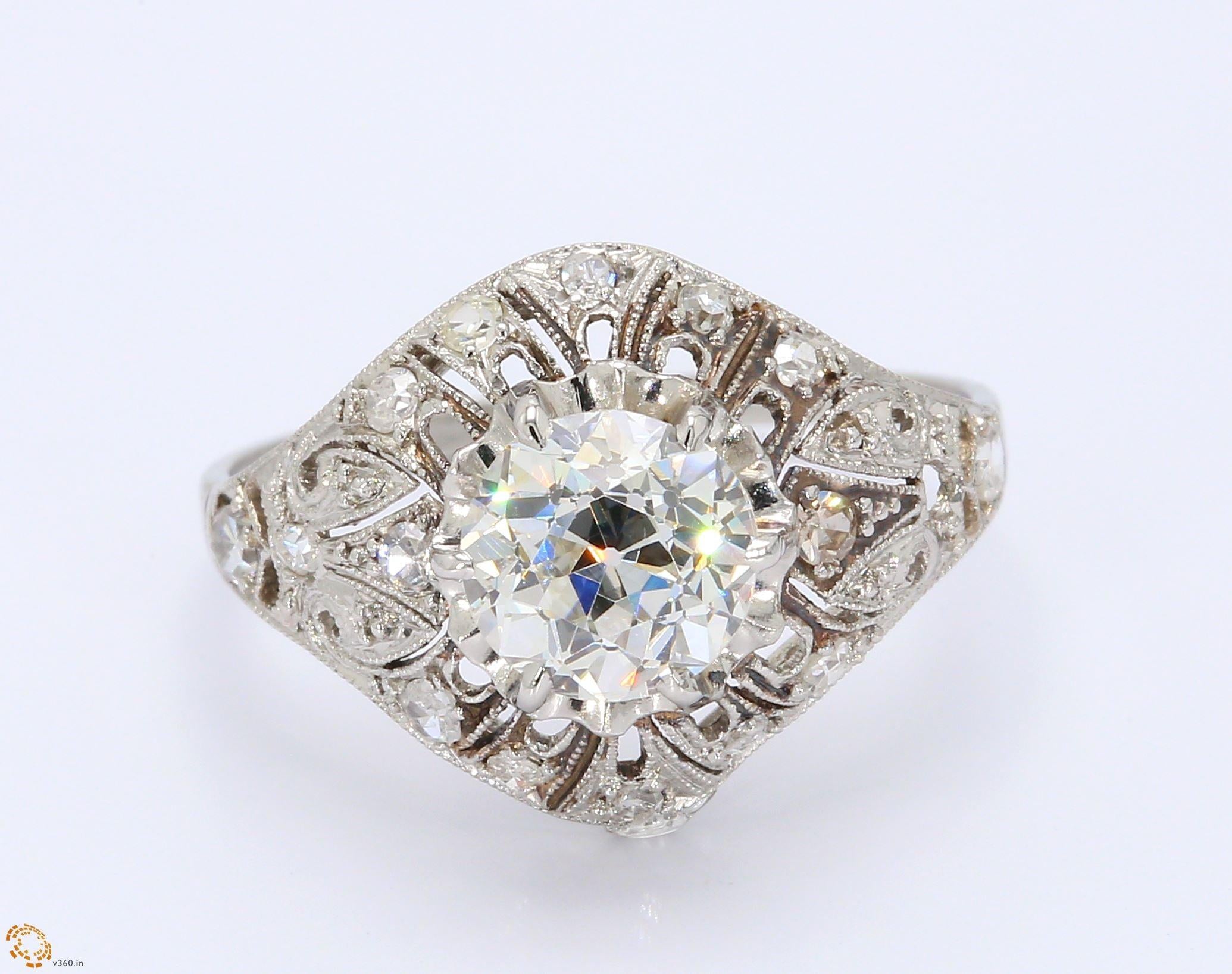 1.43 Carat Old European Shape I-SI1 Diamond Platinum Wedding Ring