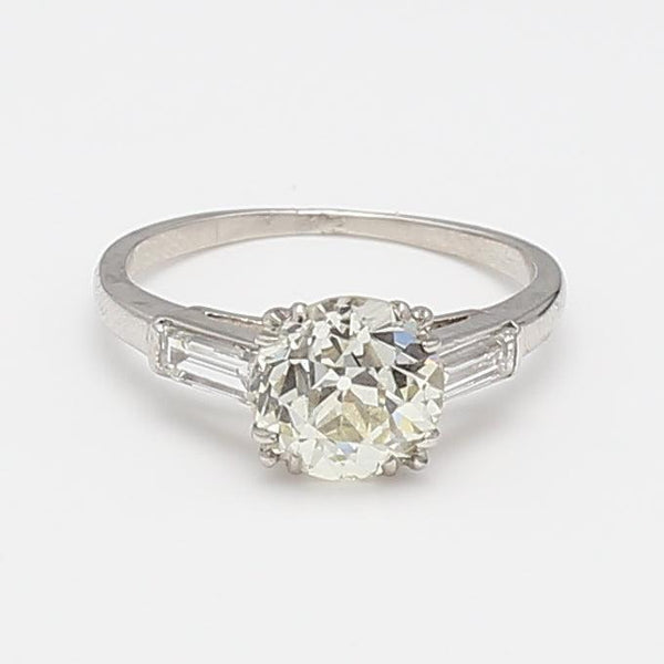 1.90 Carat Old European Cut and Baguette Diamond 14K White Gold Engagement Ring
