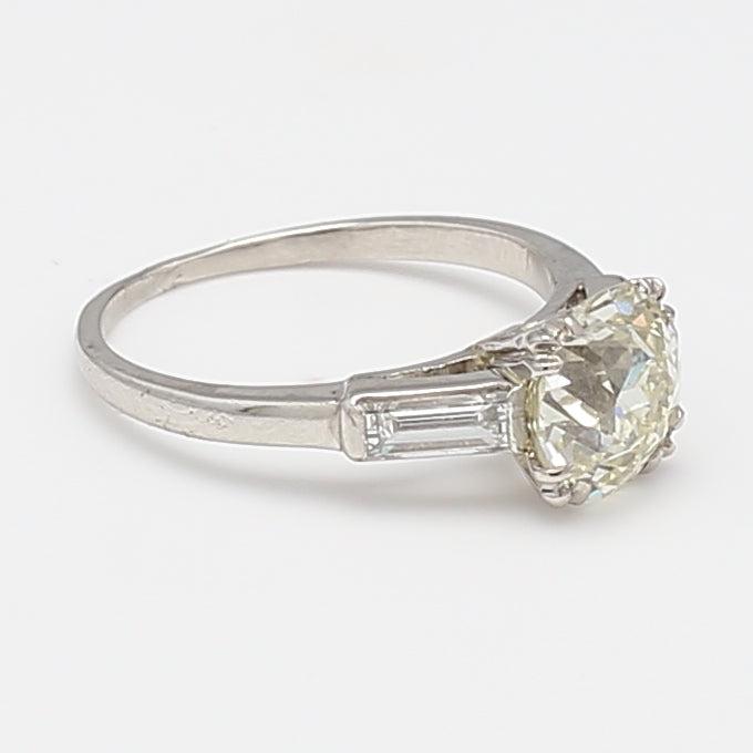 1.90 Carat Old European Cut and Baguette Diamond 14K White Gold Engagement Ring