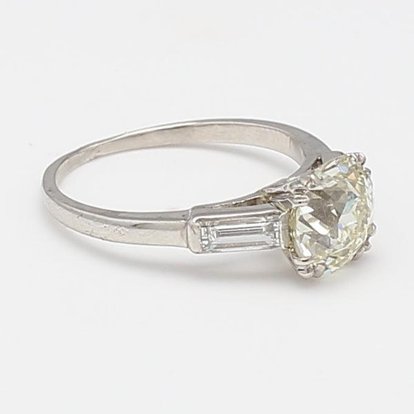 1.90 Carat Old European Cut and Baguette Diamond 14K White Gold Engagement Ring
