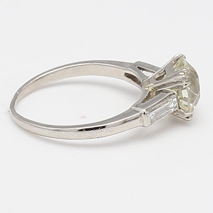 1.90 Carat Old European Cut and Baguette Diamond 14K White Gold Engagement Ring