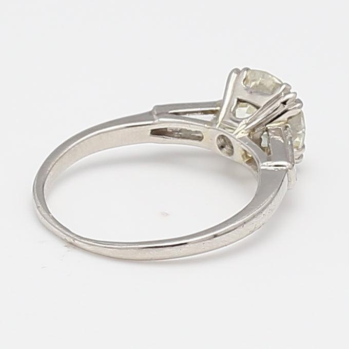 1.90 Carat Old European Cut and Baguette Diamond 14K White Gold Engagement Ring