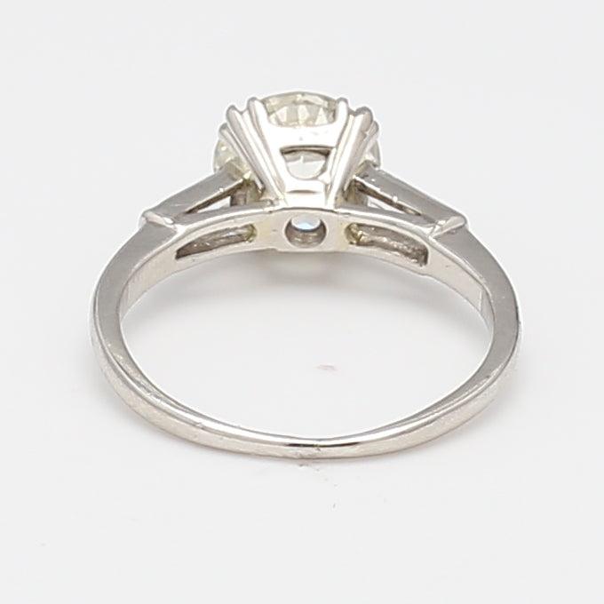1.90 Carat Old European Cut and Baguette Diamond 14K White Gold Engagement Ring