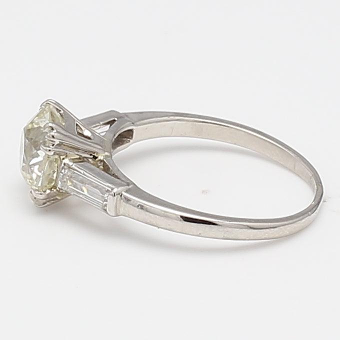 1.90 Carat Old European Cut and Baguette Diamond 14K White Gold Engagement Ring