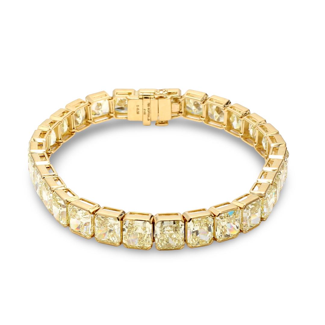 18K YG Tennis Bracelet with 43.35 Carat Radiant Cut Diamonds Fancy-lit GIA