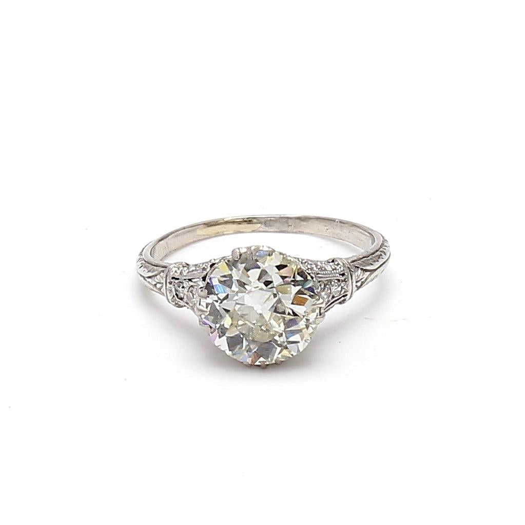 2.11 Carat Old European Cut K I1 Diamond Platinum Art Deco Ring
