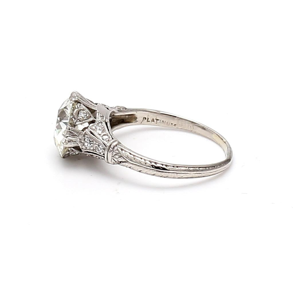 2.11 Carat Old European Cut K I1 Diamond Platinum Art Deco Ring