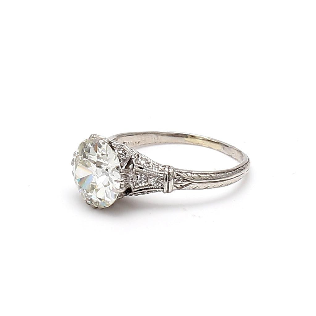2.11 Carat Old European Cut K I1 Diamond Platinum Art Deco Ring
